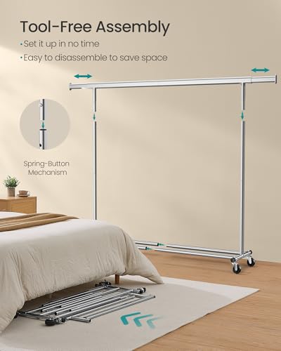 SONGMICS Clothes Rack on Wheels, Heavy Duty Clothes Rail, 45 x (160-200) x 161.5 cm, with Extendable Hanging Rail, 150 kg Load Capacity, Easy Assembly, Portable, Silver HSR175E01