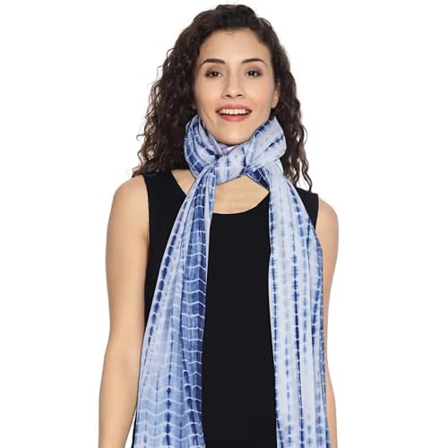 Cotton Scarf for Women Lightweight Floral Printed Scarf Fall Winter Fashion Fringed Shawl, White With Blue4