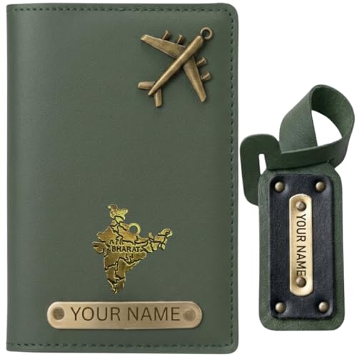 Zift Custom Name & Charm Faux Leather Passport Cover & Luggage Tag Gift Set - Slim Passport Protector - Best for Diwali Birthday Return Corporate Gifts (Ever Green)