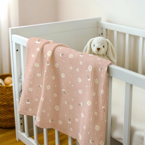 Image of SANDJEST Daisy Minky Muslin & Dotted Blanket 30x40 in Gift for Holiday, Gender Reveal Party, Hospital Visit, Baptism