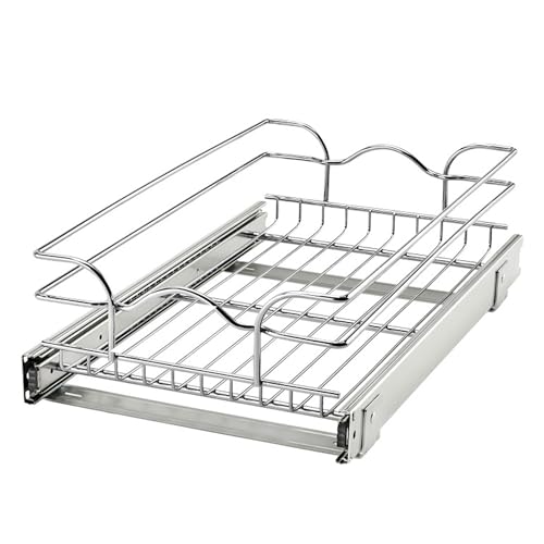 Image of Rev-A-Shelf Steel Wire Pullout Drawer Organizer Shelf for Kitchen Cabinets, Slide Out Storage Basket, Min Opening Width of 11.5 inch, 12 inch x 20 inch, 5WB1-1220CR-1