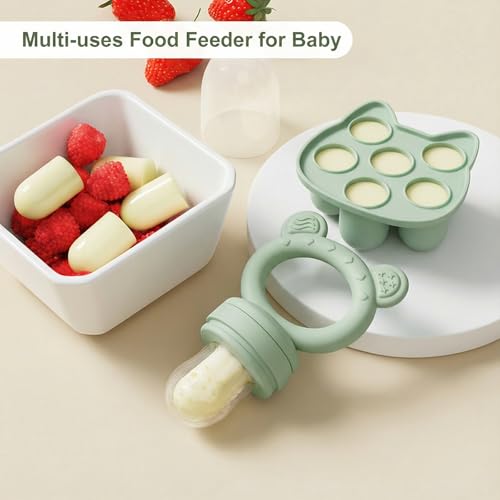 Image of Baby Breastmilk Popsicle Molds & Baby Fruit Feeder, Infant Food Freezer Tray Storage Containers, Silicone Teething Pacifier Feeder and Teether for Babies,Boys and Girls-Green