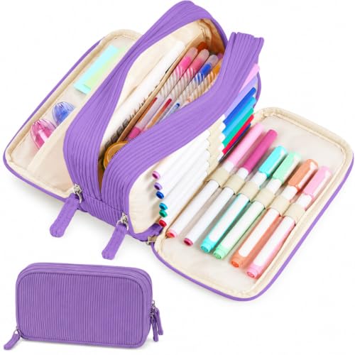 Image of Sooez Big Capacity Pencil Case Pen Pouch, Soft Corduroy Pencil Bag with 3 Compartment, Multiple Pockets, Sturdy Zipper, Cute School Supplies Pen Bag Organizer For Teen Girls College, Purple