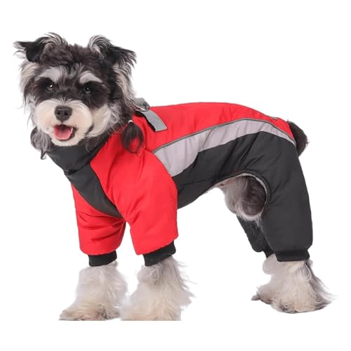 暖かい犬用冬用コート、フリース裏地付き暖かい冬用犬用ジャケット(脚付き)、厚手の反射犬用ジャケット(4本脚&ハーネスホール付き)、小型・中型犬用,赤,2XL