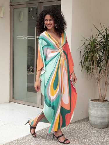 Image of IMAGEKOPE Women's Plus Size Animal Print V-Neck Batwing Kaftan Beach Dress Bathing Suit Cover-Up Loungewear