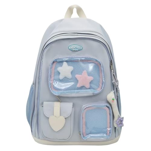 Womens Star Preppy Backpack with Cute Plush Pendant Y2k Aesthetic Laptop Backpack Large Kawaii College Daypack (Blue)