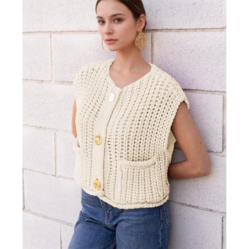 Image of Ainangua Sleeveless Cropped Cardigan for Women Casual Chunky Knit Tank Tops Button Down Open Front Sweater Vest with Pockets