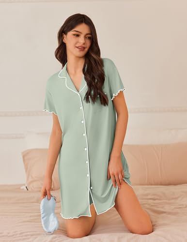Image of Ekouaer Nightgowns for Women Button Down Sleep Shirt Short Sleeve NightShirts Boyfriend Sleepdress Soft Pajama Dress