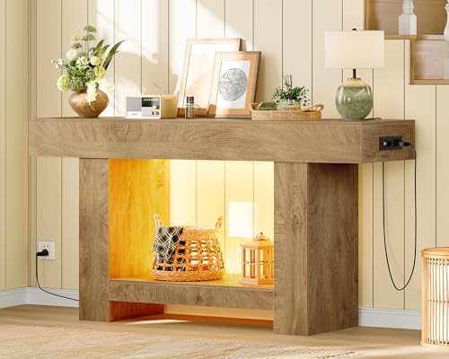 Image of 63 inch Entryway Table with Smart RGB Lights and Charging Station, Narrow Console Table with App-Controlled and Music Sync, Farmhouse Entry Way with Open Storage for Living Room, Hallway, Behind Couch
