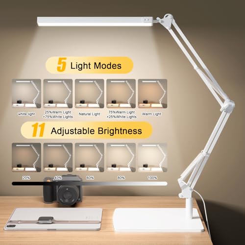 Image of TROPICALTREE LED Desk Lamp with Clamp and Round Base,Eye Caring Table Lamp with Swing Arm,3 Color Modes 10 Brightness Levels,Memory Function,Desk Light for Home Office with USB Adapter White-14W