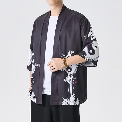 Image of Men's Japanese Kimono Robe Jacket Lightweight 3 /4 Sleeve Open Front Yukata | Silky Smooth Fashion Print Happi Coat Lightweight Breathable Loose Unisex Haori Casual Summer Cardigan Daily Beach Vacation