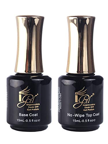 iGel Impeccable Soak Off Gel Polish Base Coat + No-Wipe Top Coat Kit Set (15mL - 0.5 fl oz per bottle)