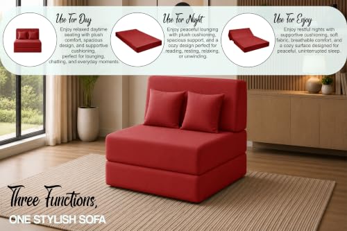 Image of Sofa Cum Bed with Jute Fabric, Convertible One Seater Sofa Bed 3x6 Ft, Comfortable Cushioned Seating, Space Saving Design for Living Room, Bedroom & Guest Room - Red Color
