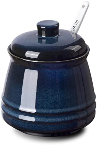 Tanirapel Porcelain Sugar Bowl, 10 oz Seasoning Cellar with Lid and Spoon, Sugar Canister for Coffee Bar, Salt Container for Kitchen, Blue