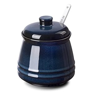 Porcelain Sugar Bowl, 10 oz Seasoning Cellar with Lid and Spoon, Sugar Canister for Coffee Bar, Salt Container for Kitchen, Blue