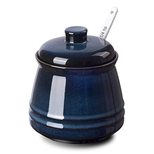 Porcelain Sugar Bowl, 10 oz Seasoning Cellar with Lid and Spoon, Sugar Canister for Coffee Bar, Salt Container for Kitchen, Blue