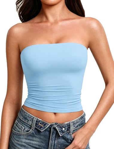 Avidlove Tube Tops for Women Going Out Tops Double Lined Sexy Crop Bandeau Strapless Basic Tank Top Slim Fit Y2K Cute Summer Trendy Outfits Light Blue S