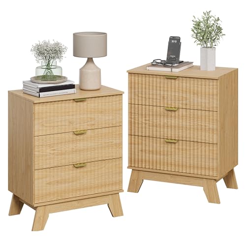 Image of Wodeer Night Stand Set 2, Bedside Table & End Table, Mid Century Modern Fluted Wood Nightstand with 3 Drawers & Metal Handles, Farmhouse Nightstand for Bedroom, Natural Oak