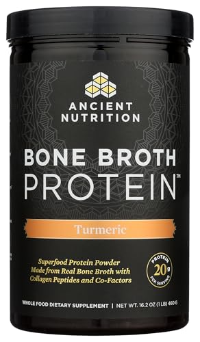 Image of Ancient Nutrition Grass Fed, Cage Free, Bone Broth Protein Powder, 20g Protein, Hydrolyzed Collagen Peptides, Keto & Paleo Friendly, Supports Joint & Gut Health, Turmeric, 20 Servings
