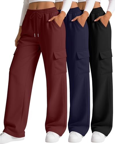 Neer Lot de 3 Jogging Cargo pour Femme, Pantalon de Survêtement à Jambes Larges et Ample, Décontracté avec 4 Poches(Noir, Bleu Marine, Rouge Bordeaux,M)