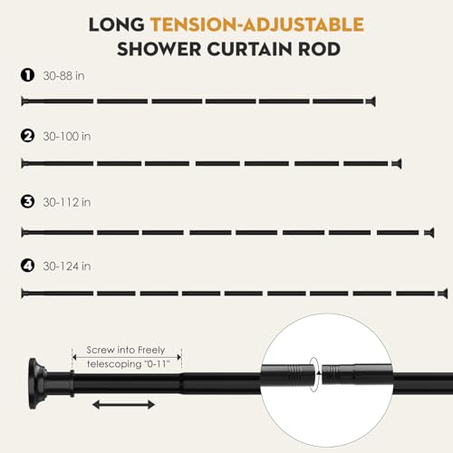 Image of Tension Shower Curtain Rods 1.1 inch Diameter Black Long Curtain Rod 30 to 100 inch Adjustable Spring Heavy Duty Rods for Bathroom Windows Outdoor No Drill No Slip Stainless Steel