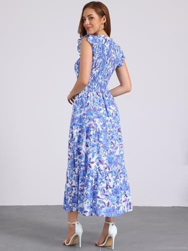 Image of Seta T Women's Summer Dresses Casual Ruffle Sleeveless V Neck Floral Sundress Flowy Smocked Beach Maxi Dress