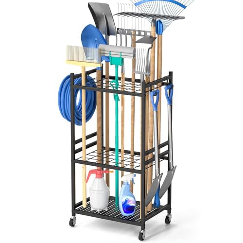 MOOTACO 3-stufig Gartengeräte Ständer, Gartengeräteaufbewahrungsregal, Gartenwerkzeug Organizer,Gerätehalter mit Rollen, Gartengeräteaufbewahrungsrega mit Rollen