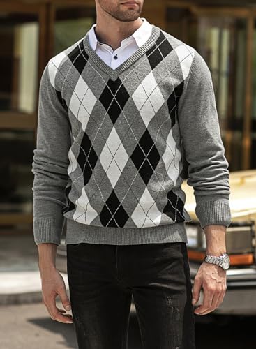 JMIERR Mens Sweaters Casual V Neck Ribbed Knit Slim Fit Long Sleeve Argyle Pullover2
