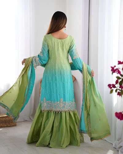 Image of Pandadi Saree Women's Chinon Silk Embroidery Kurta Sharara Set With Dupatta.