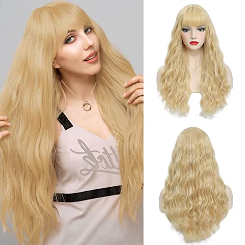 OCHiC Blonde Wig with Bangs Long Blonde Wigs for Women Natural Looking Blonde Wavy Wigs with Bangs Heat Resistant Long Blonde Synthetic Cosplay Wigs for Girl Daily Party ( 26inch Blonde)