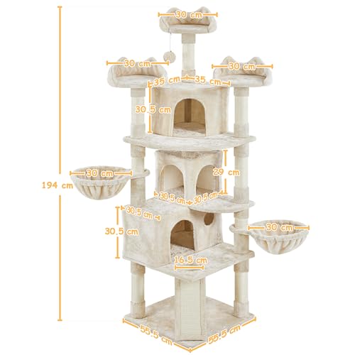 Arbre à chat géant Yaheetech 194 cm beige XXL avec niches