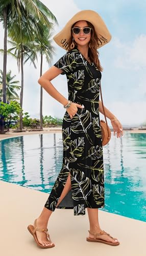 Image of MISFAY Women Summer Maxi Dresses 2026 Casual Short Sleeve Long T Shirt Dress Split Beach Sundress Travel Vacation with Pocket