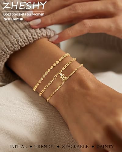 ZHESHY Gold Initial Bracelets for Women Dainty Letter E Charm Bracelets Non Tarnish 14K Gold Plated Stackable Layered Paperclip Link Chain Bracelets Stack Set Personalized Gifts Womens Jewelry - Image 2