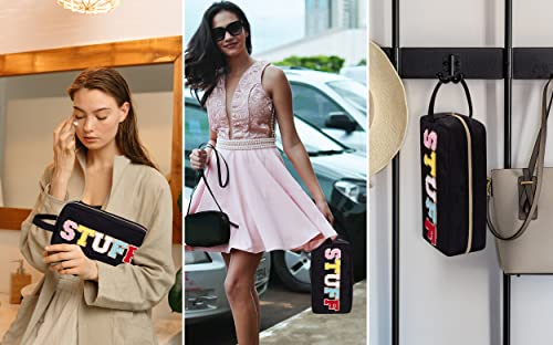 Ginsco Chenille Letter Cosmetic Bag, Large Capacity Preppy Patch Makeup Bag,Varsity Letter Stuff Pouch with Makeup Brush Holder Multipurpose Portable Travel Toiletry Bag with Carrying Handle Black - Image 3