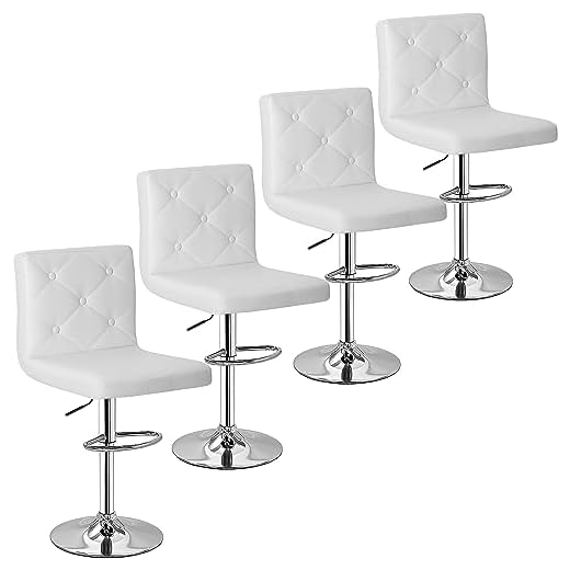 VECELO Bar Stools Set of 4, Modern PU Leather Adjustable Bar Stools with Back, 360° Swivel Bar Height Stools for Kitchen Counter Island, X-Large Size, 17.3" D x 16.5" W x 45" H, White