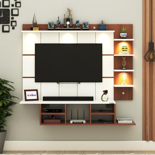 Image of Anikaa Charley Engineered Wood Wall Mount Striped PVC Back Panel TV Unit with Spot LED Lights | TV Cabinet with Open Storage Box (Walnut /White) | Ideal for UP to 43 Inch TVs - DIY Installation