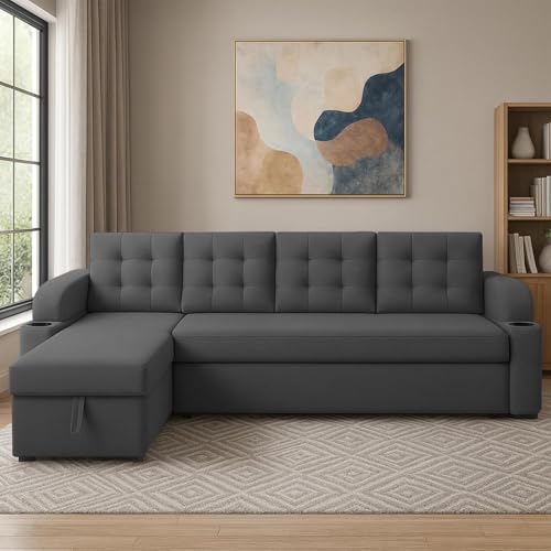 Image of Casaliving Grance LHS 6 Seater Corner Sofa Cum Bed with Storage for Living Room (Dark Grey Fabric) Premium Fabric Sofa Sett