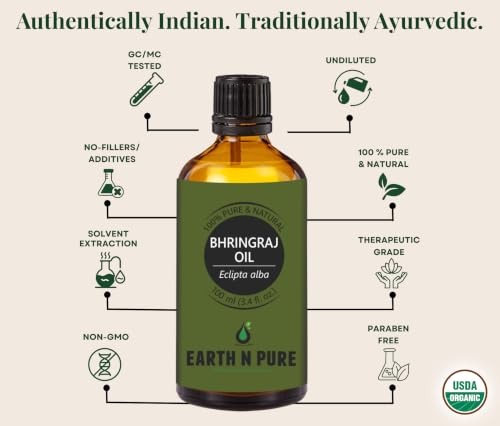 Image of Earth N Pure Bhringraj Oil for Hair Growth 100ml - 100% Pure Oil for Hair Fall Control & Regrowth | Natural Ayurvedic Oil for Scalp Care, Thick & Strong Hair | Herbal Hair Oil