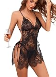 AnloveKiss Women's Lingerie Sexy Nightwear Floral Lace Lingerie Babydoll Cross-Back Design Sleepwear (Black, S)