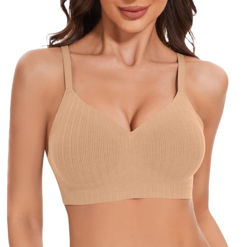 LEYSHE Soft Seamless BH Damen Ohne Bügel Nahtloser Push Up BH Bügelloser Bequemer Gerippt Bralette Comfy Bustier Gepolstert,Beige,XL
