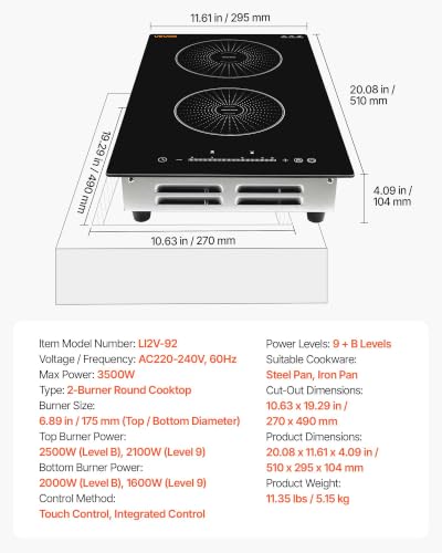 Image of VEVOR Induction Cooktop 12In 2 Burners, Built-in&Countertop Electric Stove, LED Touch & Integrated Control, 9 Power Levels, Easy-Clean Ceramic Glass, Child Lock, 3500W 220V No Plug