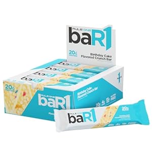 Rule 1 baR1 Crunch Bar – On-The-Go Convenient Protein Snack Bars with 20g Premium Protein, Naturally-Packed with EAAs/BCAAs, Hunger-Filling Fiber (12 Count Box, Birthday Cake)