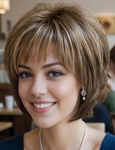 TISHINING Brown Short Hair Wigs for White Women Brown Mix Blonde Pixie Cut Wig with Bangs Brown with Blonde Highlights Straight Synthetic Natural Looking Daily Party Wig