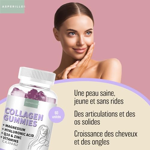 Gommes au Collagène Marin Hydrolysé avec Magnésium + Acide Hyaluronique + Coenzyme Q10 + Vitamine C - Pour la Peau, Cheveux, Articulations et Os - Collagen Gummies - 60 Unités – Image 3