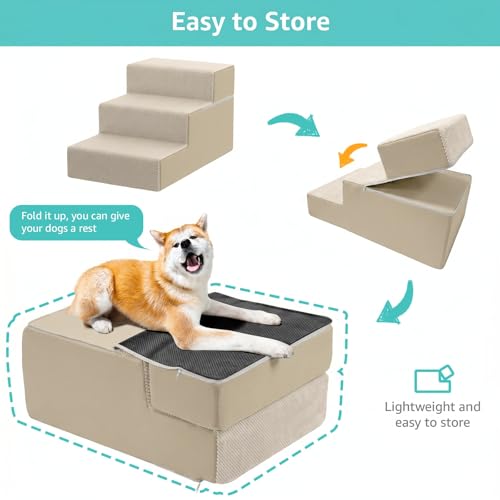 Image of YENING Large Dog Stairs for High Beds - Extra Wide Pet Steps for Large Dogs to Get on Tall Bed 3 Deep Step Cat Ramp for Couch Beige