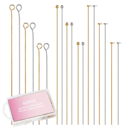 KOPOX Gold and Silver Eye Pins and Flat Head Pins for Jewelry Making 1.2 1.6 2 Metal Eyepins Headpins for Women Jewelry Making