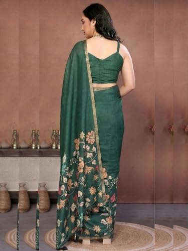 Image of SAMANTHA Black Floral Print Ready to Wear Linen Saree with Pocket & Adjustable Belt