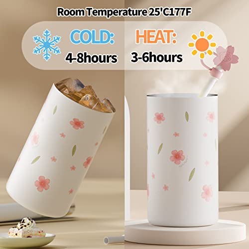 Sweeteek Travel Coffee Mug Spill Proof, Floral Print Vacuum Insulated Stainless Steel Skinny Tumbler With Straw, Coffee Mug To Go, Cherry Blossom Thermos Cup, Gift For Women, 17Oz #TOP5