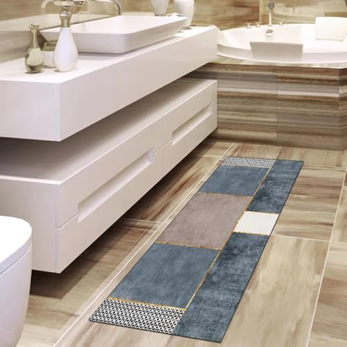 Alfombra moderna para pasillo azul y gris, lavable y de 70 x 300 cm 4