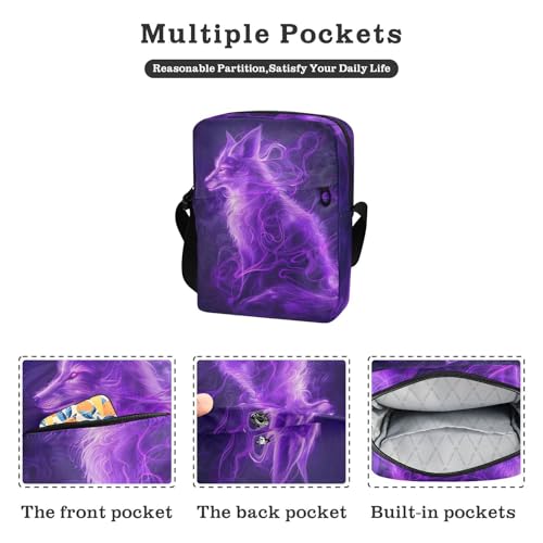 Crossbody Bag Neon Glowing Purple Fox Animal Messenger Bag for Women Men Purse Shoulder Bag Satchel Bag with Adjustable Strap 202b59552